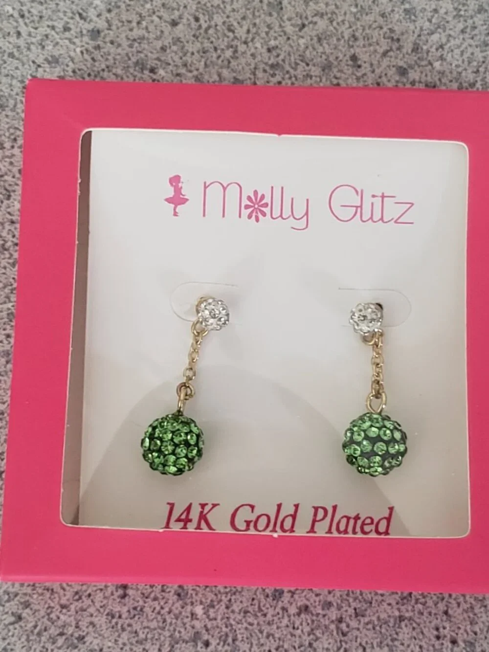 Molly Glitz 14k Gold Plated Lime White Crystal Ball Dangle Earrings